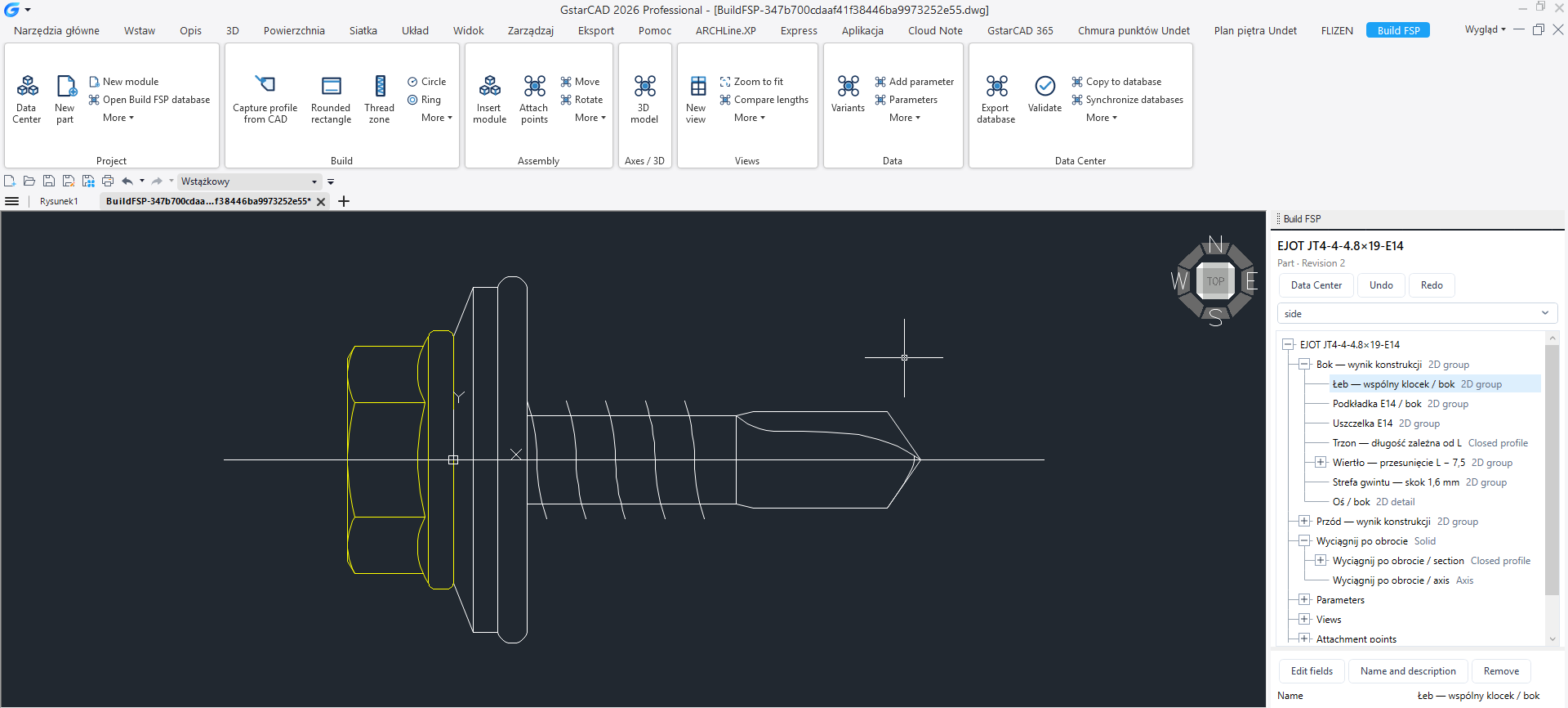 Część zbudowana z elementów. Drzewo konstrukcji Build FSP z zaznaczonym współdzielonym klockiem łba.
